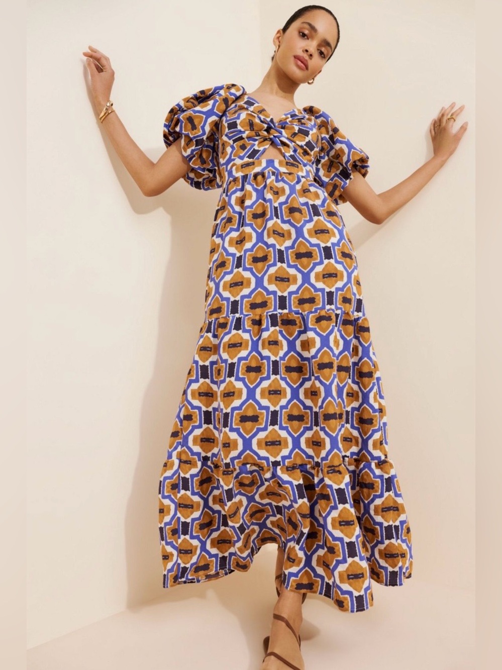 Anthropologie Woven Printed V-neck Maxi Dress Large